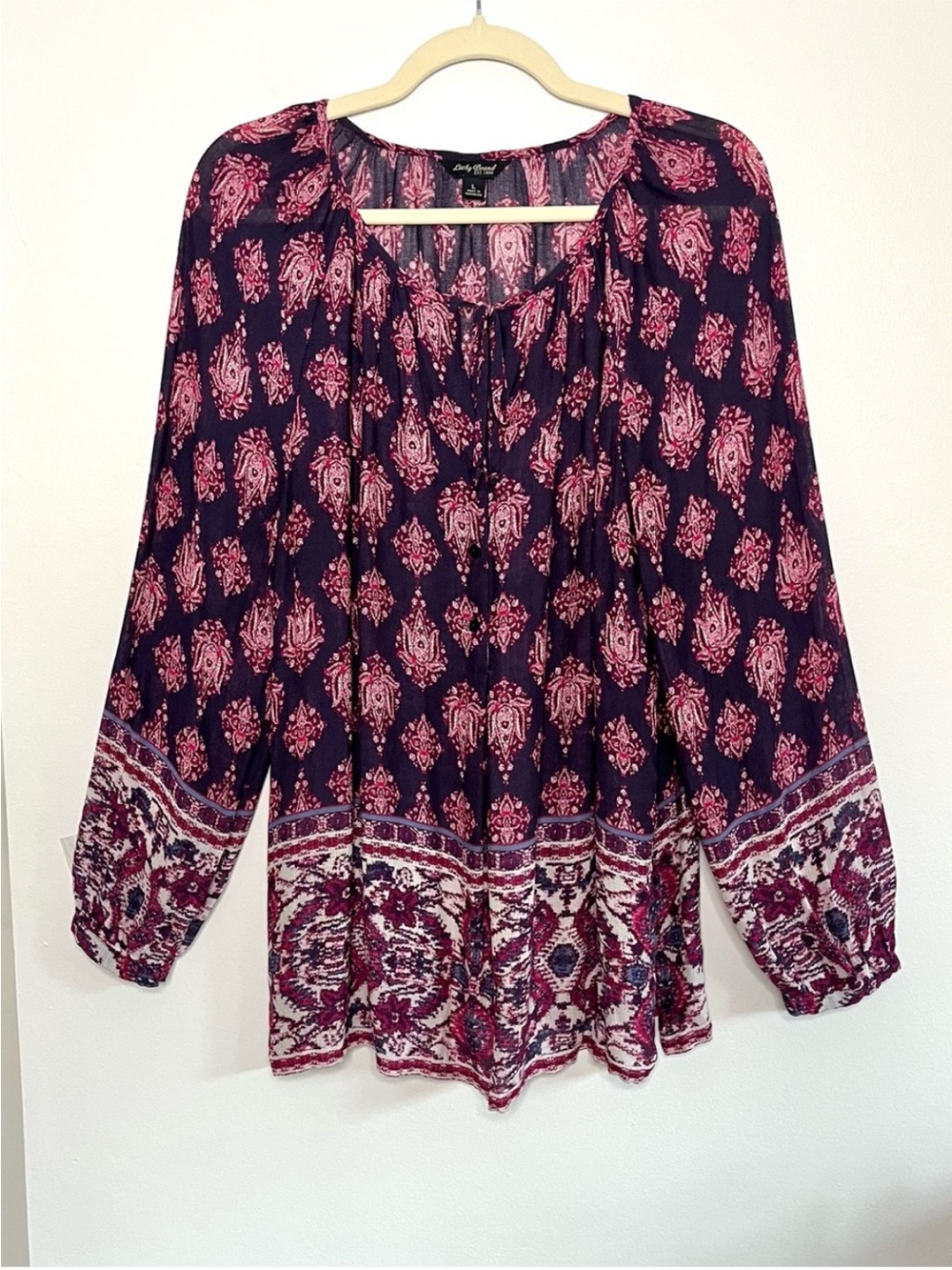 Lucky Brand Flowy Purple Popover Boho Printed Peasant Blouse Romantic Semi Sheer